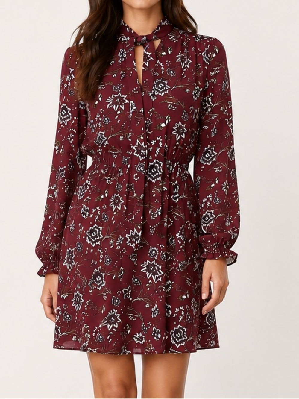 LOFT Burgundy Floral Fit Flare Mini Dress Size XS Long Sleeve Tie Neck